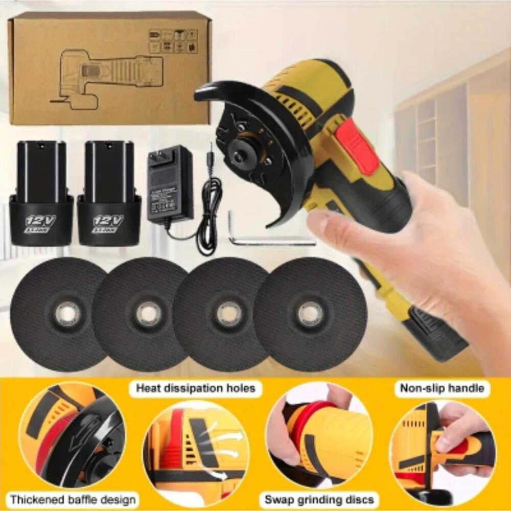 Yellow 1 Set Of 12V Angle Grinder, Polishing Grinder, Mini Wireless  2 batteries